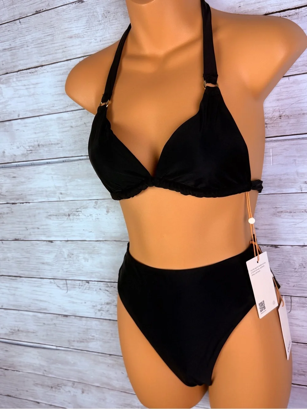 Quince Black Halter Bikini Set - Classic High Waist Swim Size small